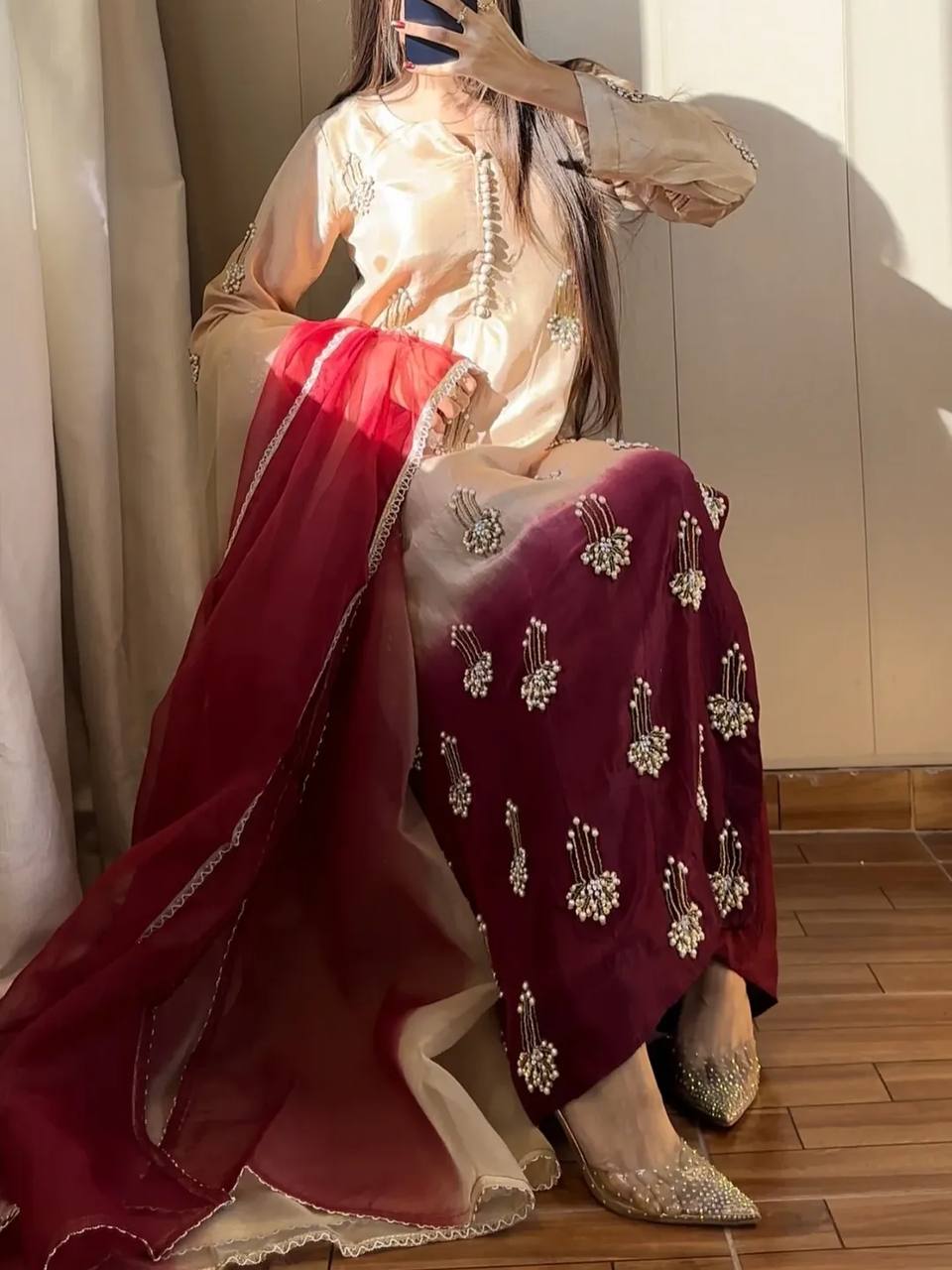 Modern Pearl-Drop Two-Tone Silk Suit